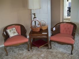 pair of occasional chairs, table lamp and baskets of vintage glassware (drink from them or put candles in them)