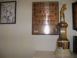 misc framed pics.  Baseball trophy from 1954 (bakelite base?)