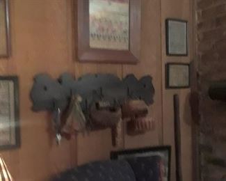 Carved wooden rack; samplers