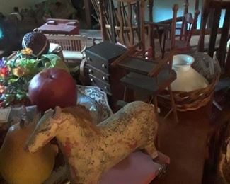 Close-up of toy horse, miniature chest