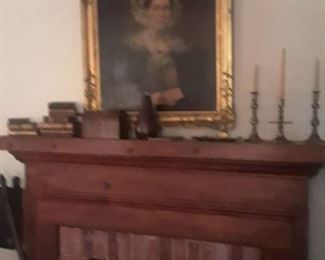 Oil portrait of prominent woman in gold leaf frame; more treenware carvings, candlesticks, box, books 