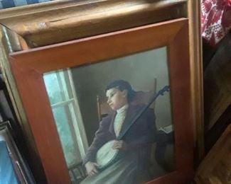 Portrait in oil on board, woman with banjo