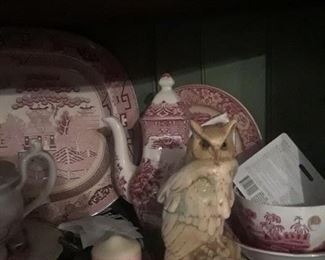 Teapot, bowl. Chop plate, and platter in pink transferware