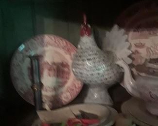 Pottery rooster, transfer ware, candlestick, platters