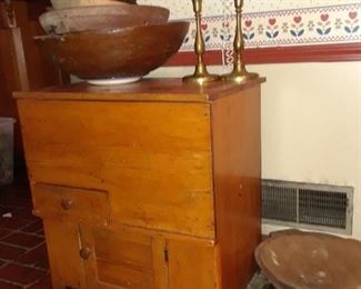 Huge selection of dough bowls; brass candlesticks; and sugar chest