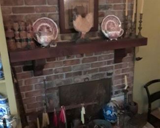 All kinds of fireplace accessories, red Staffordshire, candlestand, hand thrown pottery, sampler