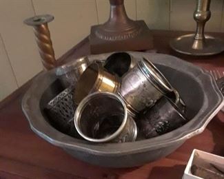 Pewter bowl; silver napkin rings