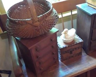 Hand made baskets, child's chest, hand made boxes