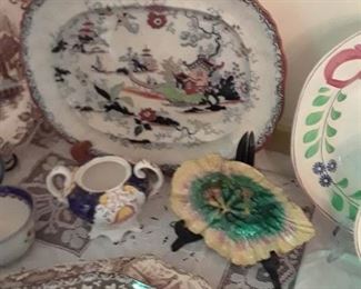 Asian theme platter; majolica leaf