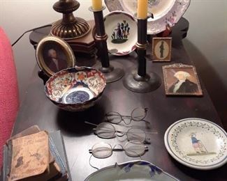 Selection of porcelain, old spectacles, miniature pirtraits and silhouettes, Quimper, Staffordshire, and Imari