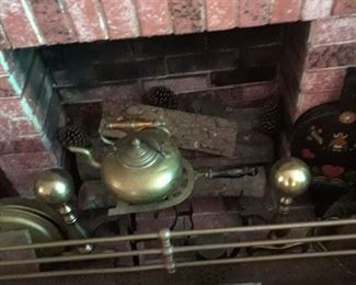 Antique fire fender, andirons, kettle and stand