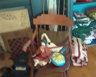Comb back Windsor rocker, china head dolls, toys, etc.