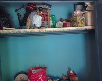 Toys drums, lithographed tin, wind up toys, jack in the box, and more