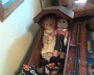 Raggedy Ann and Andy, old cradle, quilt top, and Afgan