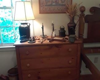 Four drawer chest, antique; pottery jug lamp; lantern, tin push up candlesticks, and more accessories
