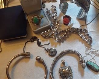 Sterling bracelets, necklaces, pendants, and rings