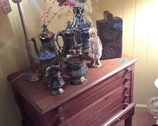 Spool cabinet on stand; silverplated tea service; bisque figure; antique box