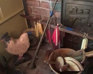 Hunt horn, butter molds, wood scoops, carved chicken