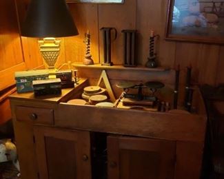 Antique dry sink; boxes; scale;candlesticks; etc.