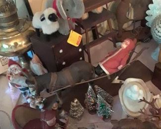 STEIFF bear, elephant and lamb
Antique santas, christmas trees, cast iron santa and reindeer, old doll furniture, and much more