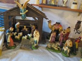 Vintage Large Size Hand Painted Nativity Set with Manger AND Vintage Storage Chest
