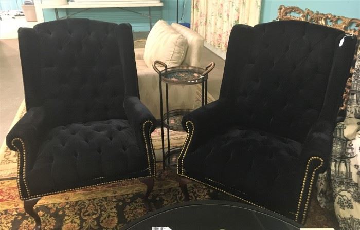 Pair Black Wing Chairs 