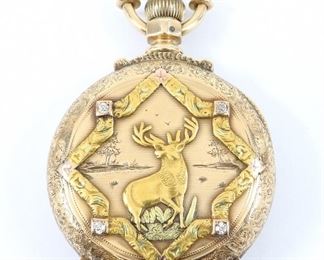 Elgin 14k multi Gold pocket watch with Stag and Diamonds