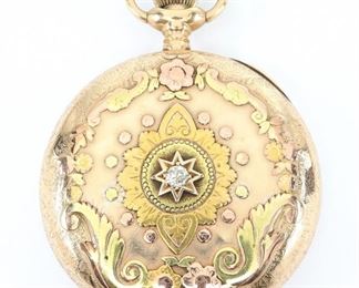 Elgin 14k multi Gold pocket watch with inset Diamond