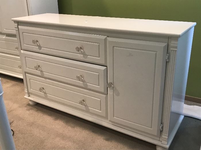 White Bellini armoire and dresser with glass knobs