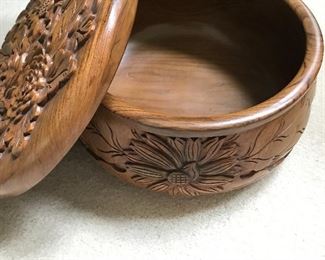 Vintage Balinese carved wooden bowl with lid