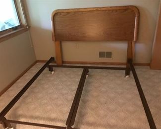 Oak - full size headboard and metal bed frame