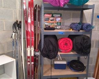 Coleman Quick Bed, Skiis and Poles, Sleeping Bags and Shelving Units