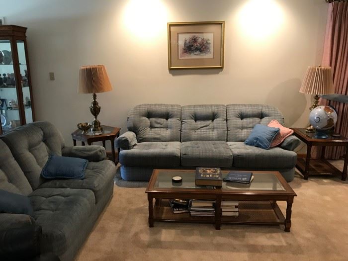 FLEXSTEEL, "BLUE JEAN" COUCH AND LOVE SEAT AND SET OF GLASS AND RATTAN TABLES (INCLUDES -RECTANGLE END TABLE, OCTAGON END TABLE AND COFFEE TABLE)