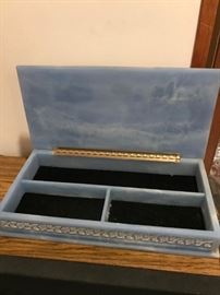 BEAUTIFUL VINTAGE INCOLAY STONE, BLUE JEWELRY BOX  HEIRLOOM PIECE