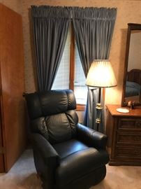 SET OF BLUE CURTAINS AND NAVY  LA-Z-BOY LEATHER RECLINER