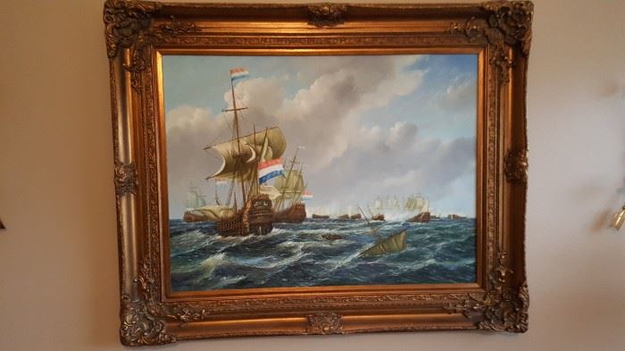 LARGE OIL PAINTING OF NAVAL BATTLE, SIGNED BY THE ARTIST.