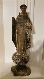 Amazing Rare Original Spanish 16-17th. Century All Hand Carved Wood Statute of Saint Indalecio. One of a kind.  Saint Indalecio ( Roman Latin: Saint Indaletius) is venerated as the patron saint of Almería, Spain. Tradition makes him a Christian missionary of the 1st century, during the Apostolic Age. He evangelized the town of Urci, near the present-day city of Almería, and became its first bishop. He may have been martyred at Urci.
Roman Catholic Saint. He was  an early disciple of St.James (Santiago de Compostela) and was killed sometime during the 1st century AD. His Feast Day is May 15.
He is one of the group of Seven Apostolic Men, seven Christian clerics ordained in Rome by Saints Peter and Paul and sent to evangelize Spain.  
In 1084, Sancho Ramirez King of Aragon and Navarre translated Indaletius’ relics to San de la Peña near Jaca.  Some of his relics and remains still rest in an urn in the main altar of the Cathedral of Jaca. Other relics associated with Indaletius' are claim