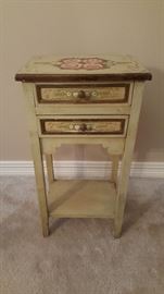 Vintage All Hand Painted Cottage Narrow Bedside Table, Side Table, Small Table, Lamp Table, End Table With two drawers.  