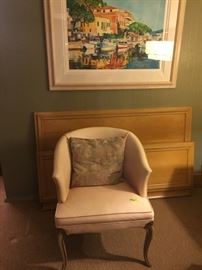 More original art, Mid-century modern bed frame, and one of two cute bucket chairs