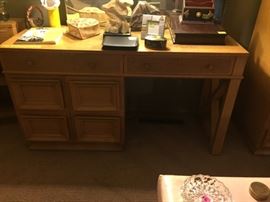 Mid-century modern bedroom suite: Bed (shown in previous photo), this vanity with mirror and stool, bed side table and dresser (all shown in following photos)