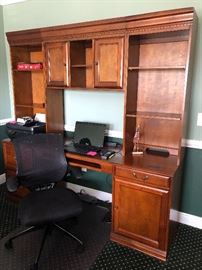 Cherry stain finish desk with hutch, shelves, cupboards, locking file, pullout keyboard (76"W 20"D 76"H) - $500