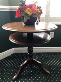 Round pedestal game table w/2 tiers, walnut finish, chessboard top (24"W 26-1/2"H) - $125
