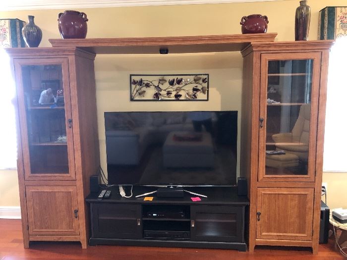 Bush Furniture entertainment center, oak finish, two towers with cross piece (Each tower 26"W 22"D 72"H - 75"H w/cross piece) - $125