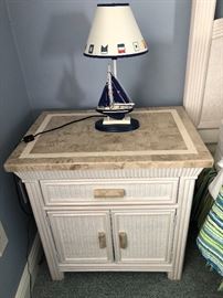 -- Southern Lifestyles Beachy whitewashed (with solid surface tops & trim) bedroom suite - $665- Including: 
	Queen headboard (66"W)
	7-Drawer dresser w/mirror (63"W 18"D 31-1/2"H) 
	Night table w/drawer & storage (26"W 18"D 26"H)
-- Sold separately - Q Serta Heiress mattress & box spring - $150