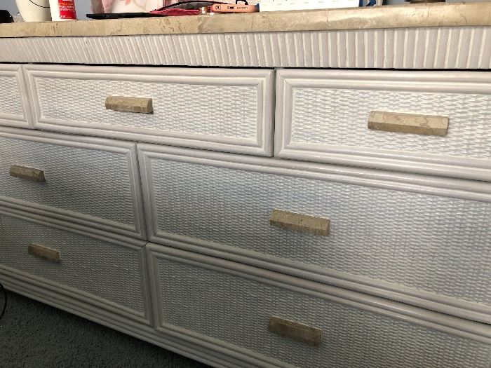 -- Southern Lifestyles Beachy whitewashed (with solid surface tops & trim) bedroom suite - $665- Including: 
	Queen headboard (66"W)
	7-Drawer dresser w/mirror (63"W 18"D 31-1/2"H) 
	Night table w/drawer & storage (26"W 18"D 26"H)
-- Sold separately - Q.  Serta Heiress mattress & box spring - $150