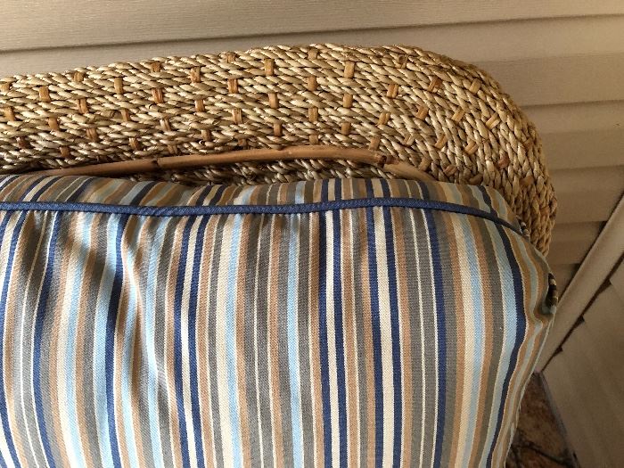 Gorgeous woven jute & bamboo w/blue stripe cushions lanai set 	Including: (10% discount on entire set purchase)
	3-cushion sofa (76"W 32"D 36-1/2"H) - $460
	Rectangular coffee table (45"W 22-1/2"D 20-1/2"H) - $140
	Swivel rocker - (31"W 35"H 31"D) - $160
	Chair w/ottoman - (Chair 26"W 29"D 34-1/2"H) - $195
	Side table (23W 20-1/2"D 24-1/2"H) - $76
	Bar with 2 stools (Bar 52"W 26"D 42-1/2"H) - $895