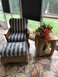 Gorgeous woven jute & bamboo w/blue stripe cushions lanai set 	Including: (10% discount on entire set purchase)
	3-cushion sofa (76"W 32"D 36-1/2"H) - $460
	Rectangular coffee table (45"W 22-1/2"D 20-1/2"H) - $140
	Swivel rocker - (31"W 35"H 31"D) - $160
	Chair w/ottoman - (Chair 26"W 29"D 34-1/2"H) - $195
	Side table (23W 20-1/2"D 24-1/2"H) - $76
	Bar with 2 stools (Bar 52"W 26"D 42-1/2"H) - $895