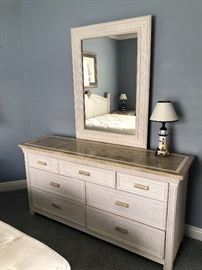 -- Southern Lifestyles Beachy whitewashed (with solid surface tops & trim) bedroom suite - $665- Including: 
Queen headboard (66"W)
7-Drawer dresser w/mirror (63"W 18"D 31-1/2"H) 
Night table w/drawer & storage (26"W 18"D 26"H)
-- Sold separately - Q Serta Heiress mattress & box spring - $150