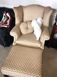 WING BACK UPHOLSTERED ARM CHAIR W/OTTOMAN 