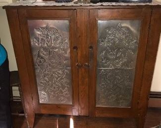 ANTIQUE COUNTRY PRIMITIVE AUTUMN LEAF PUNCH TIN AND WOOD KITCHEN CABINET 